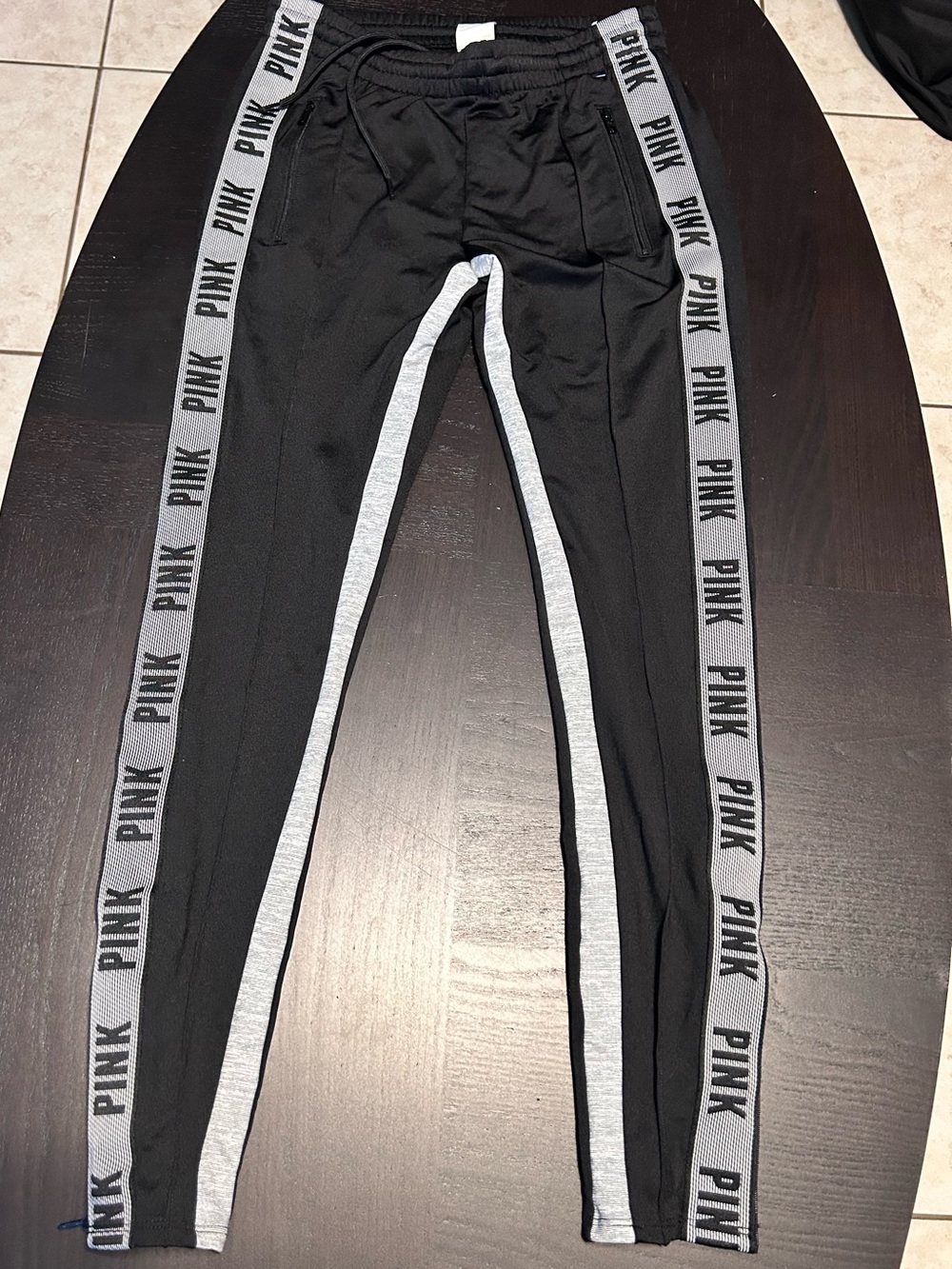 PINK Victoria's Secret Black Leggings with Gray PINK Side Stripes